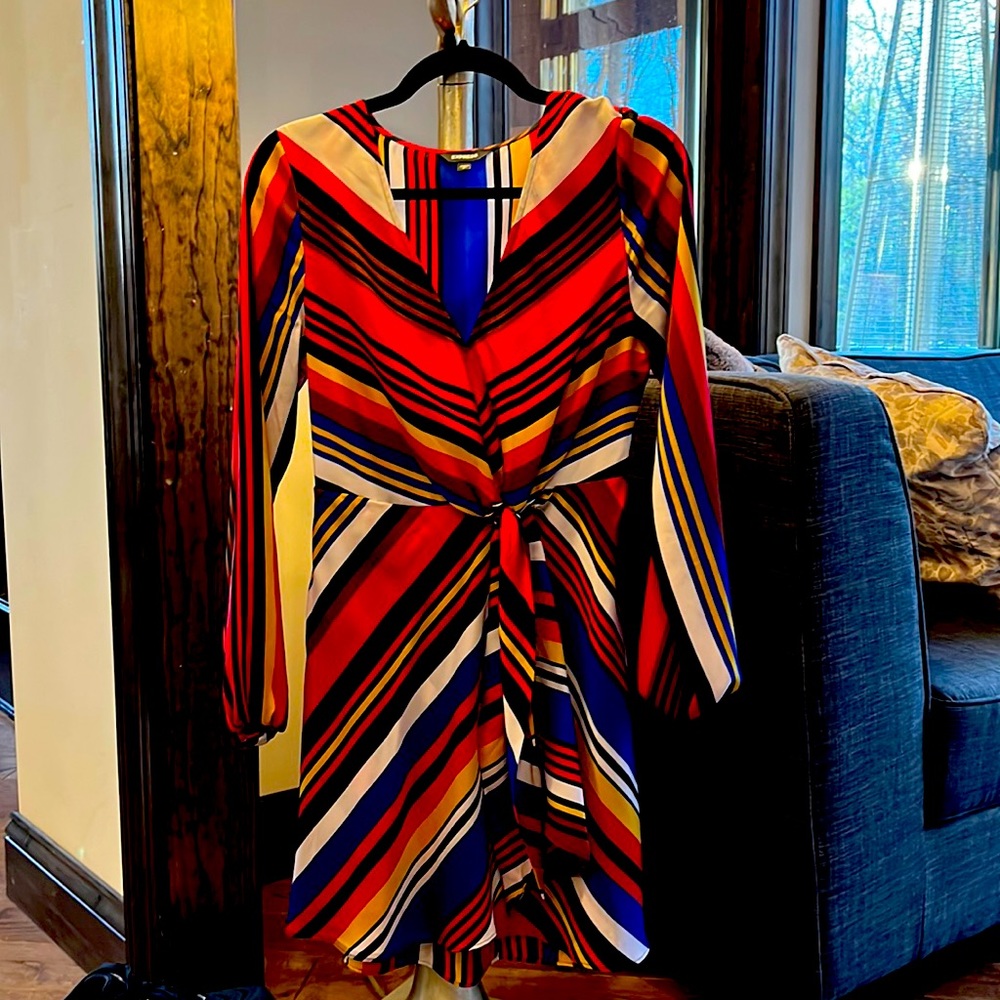 Red, multi cooor faux wrap dress- Express